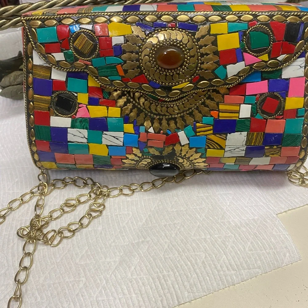 Clutch Crossbody Handcrafted Mosaic Stone Tiles Bag Chain Ornate Metal ANTIQUE - Picture 15 of 15